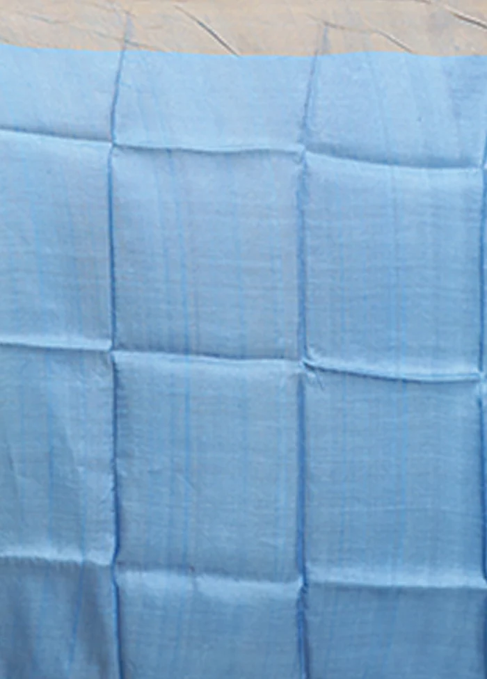 Blue Tussar Silk Saree With Blouse Piece - Image 5
