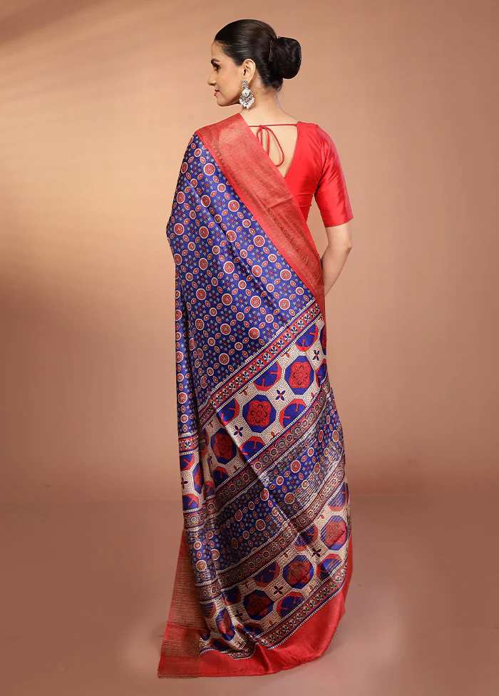 Blue Tussar Silk Saree With Blouse Piece - Image 3