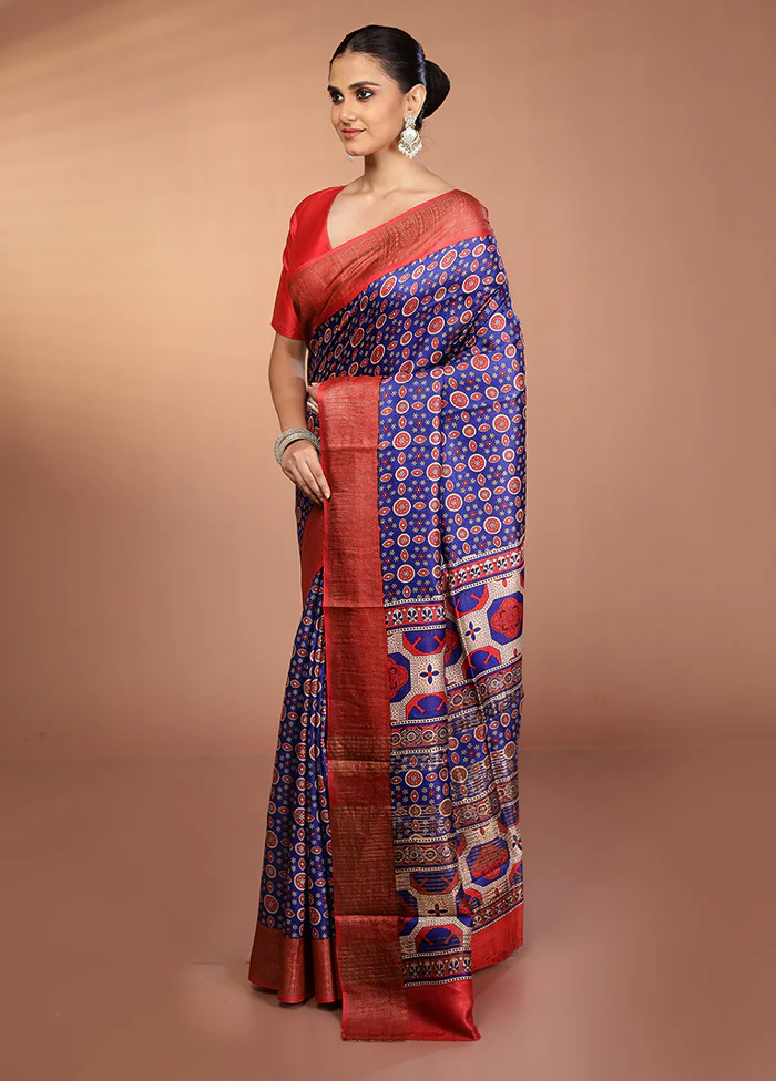 Blue Tussar Silk Saree With Blouse Piece - Image 4