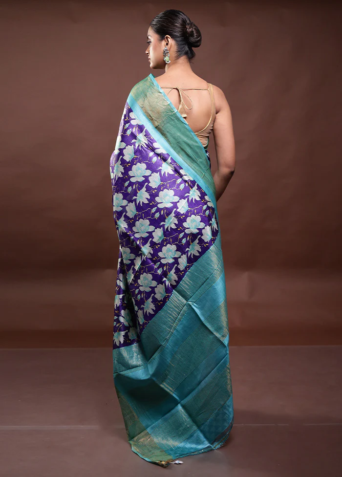 Blue Tussar Silk Saree With Blouse Piece - Image 3