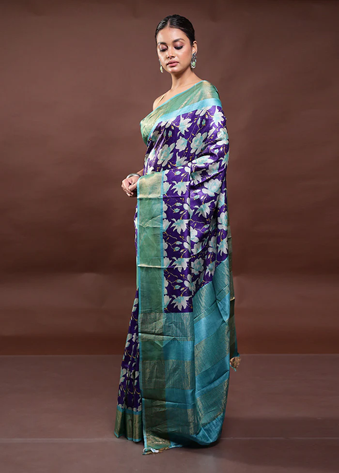 Blue Tussar Silk Saree With Blouse Piece - Image 4