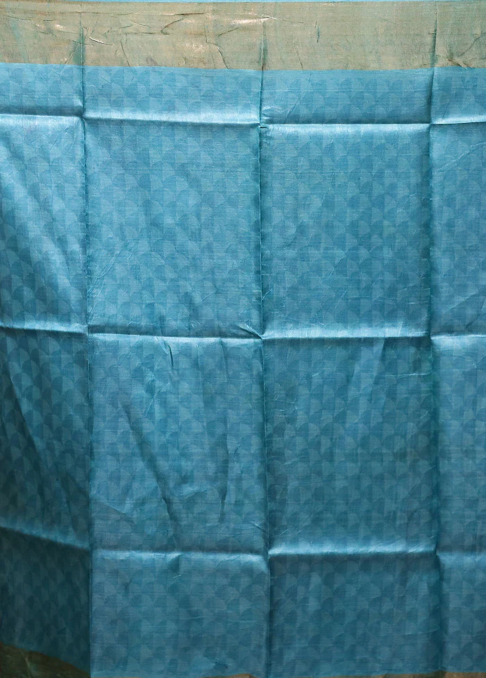 Blue Tussar Silk Saree With Blouse Piece - Image 5