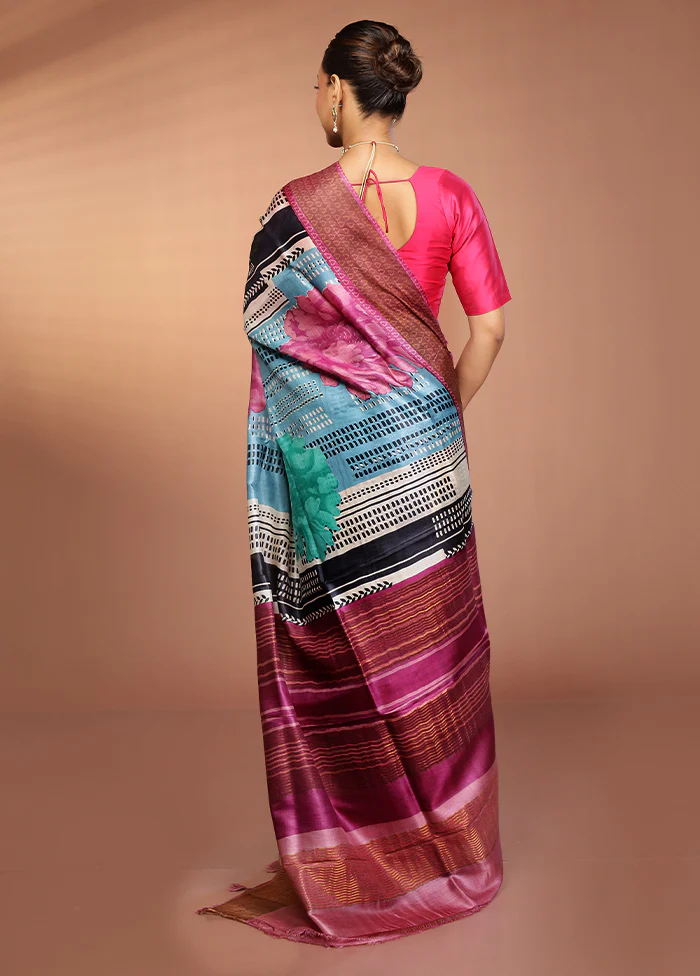 Blue Tussar Silk Saree With Blouse Piece - Image 3