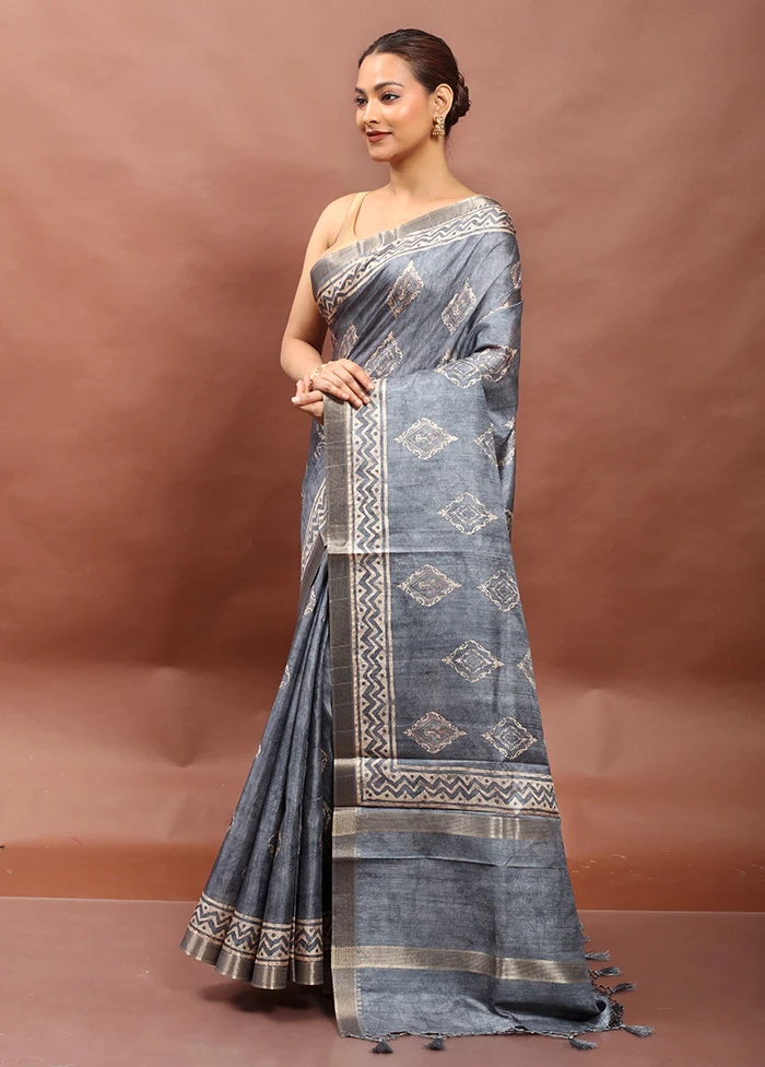 Blue Tussar Silk Saree With Blouse Piece - Image 4