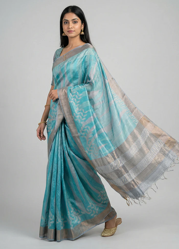 Blue Tussar Silk Saree With Blouse Piece