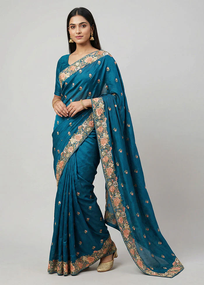 Blue Tussar Silk Saree With Blouse Piece