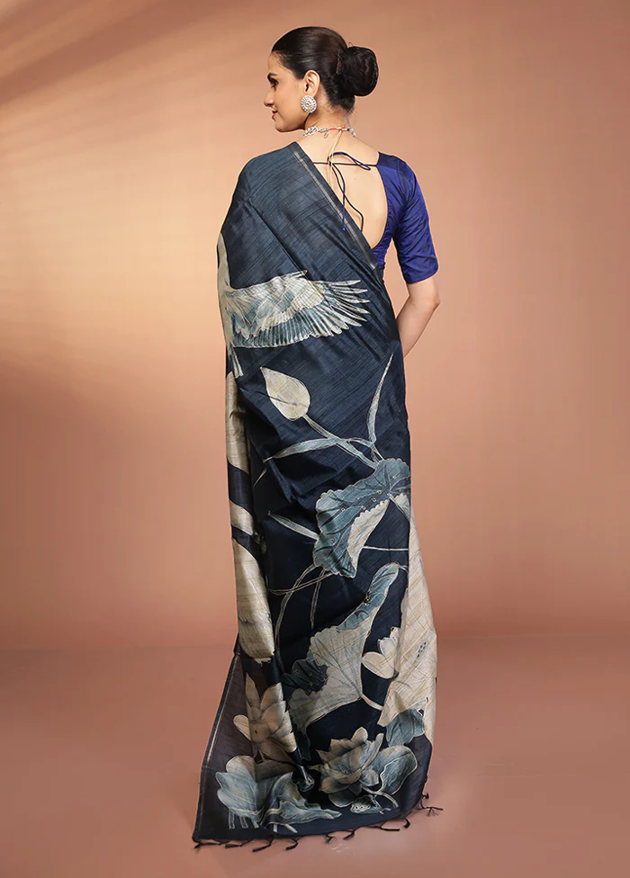 Blue Tussar Silk Saree With Blouse Piece - Image 3