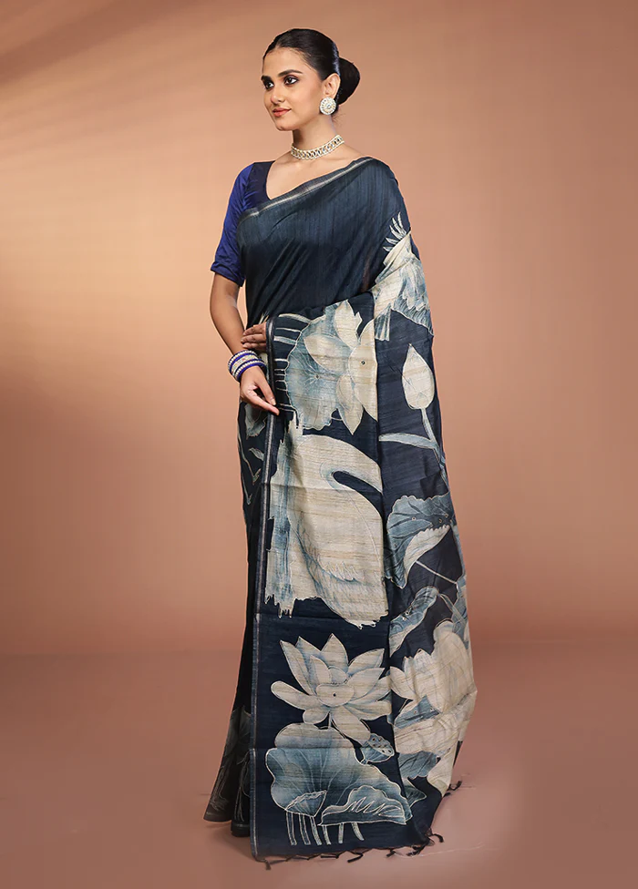 Blue Tussar Silk Saree With Blouse Piece - Image 4