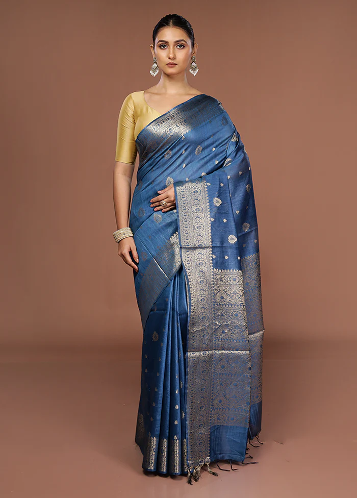 Blue Tussar Silk Saree With Blouse Piece - Image 2