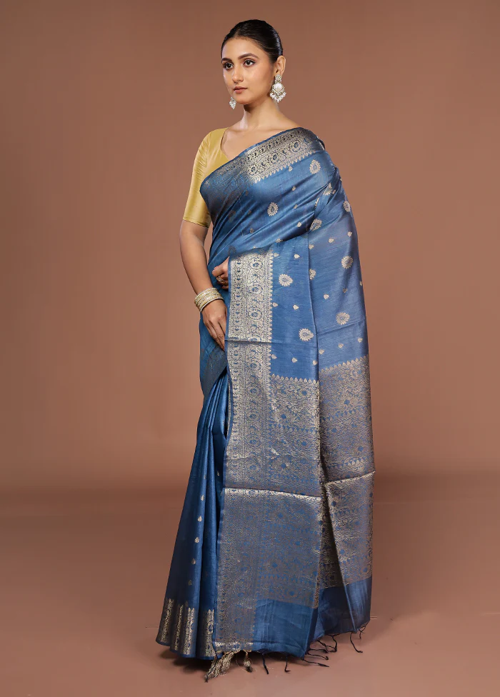 Blue Tussar Silk Saree With Blouse Piece - Image 4
