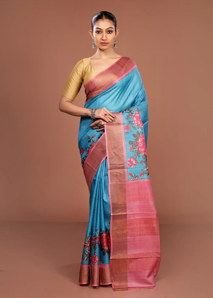 Blue Tussar Silk Saree With Blouse Piece - Image 2