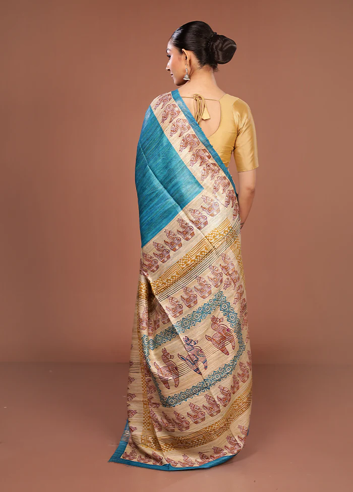 Blue Tussar Silk Saree With Blouse Piece - Image 3