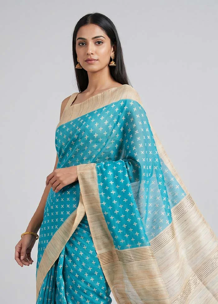 Blue Tussar Silk Saree With Blouse Piece - Image 2