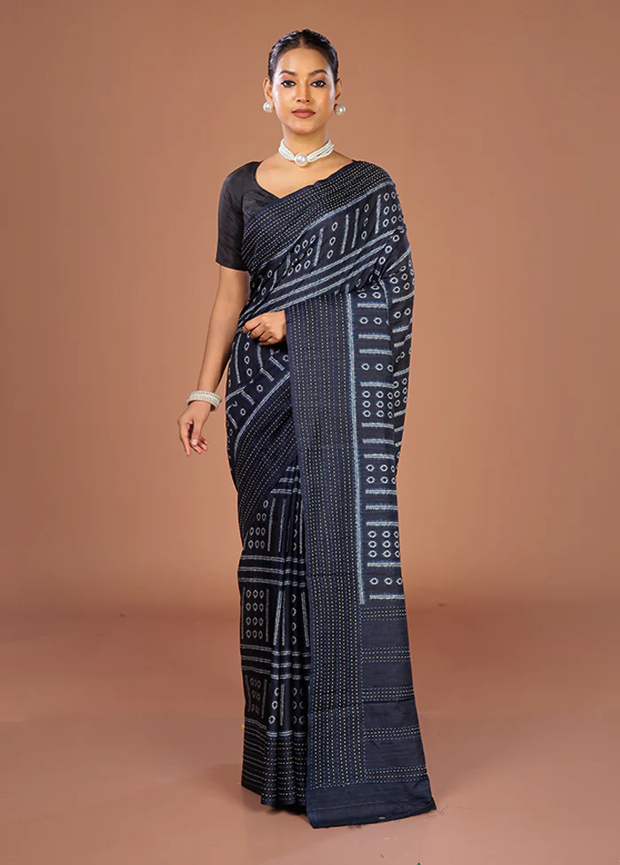 Blue Tussar Silk Saree With Blouse Piece - Image 2