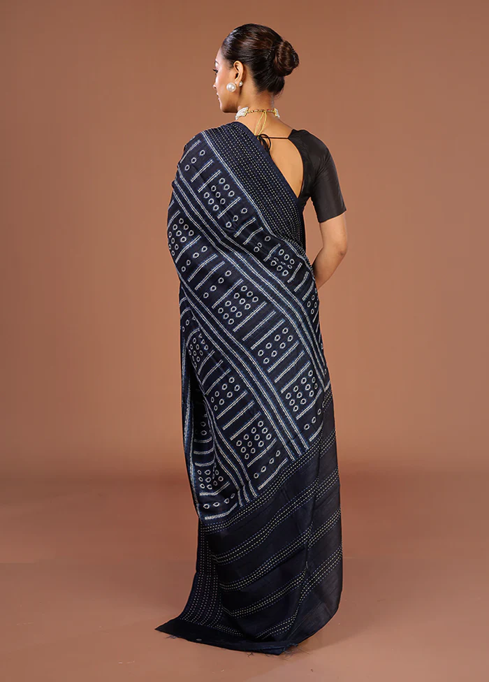 Blue Tussar Silk Saree With Blouse Piece - Image 3