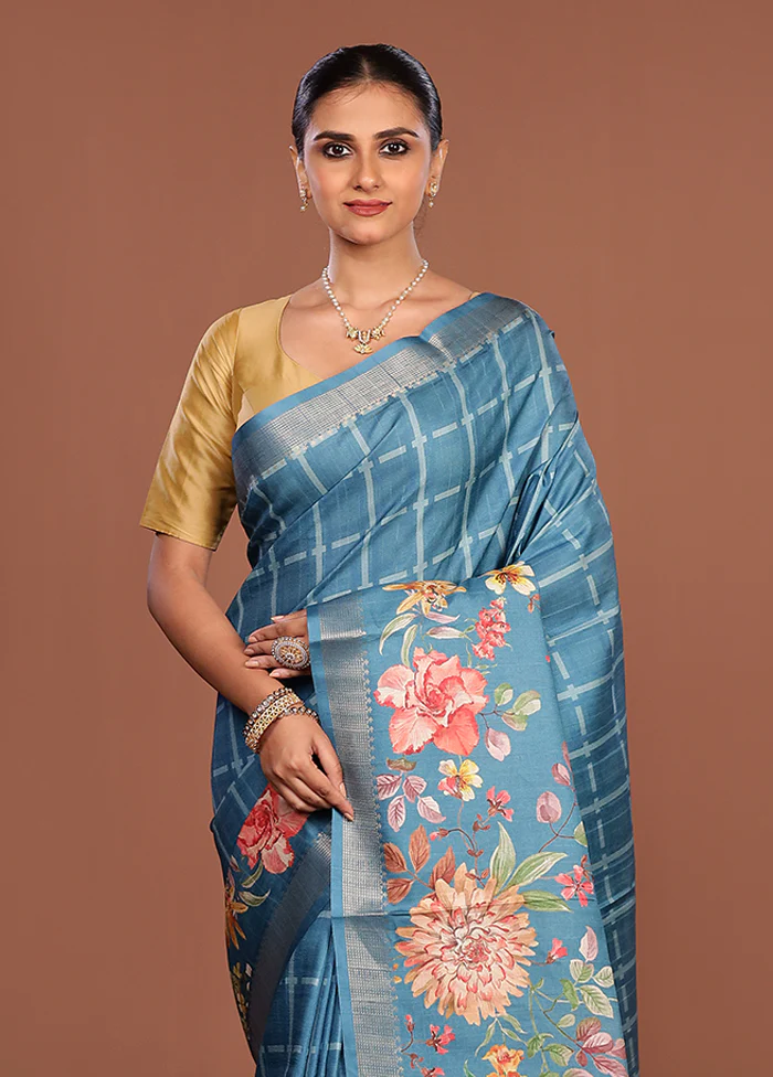 Blue Tussar Silk Saree With Blouse Piece