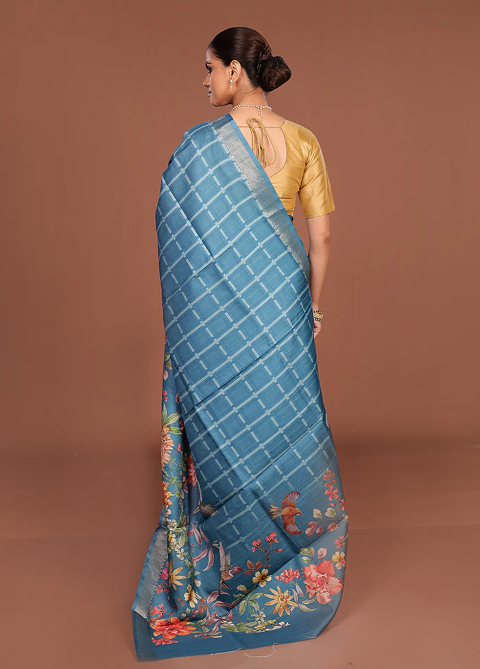 Blue Tussar Silk Saree With Blouse Piece - Image 3