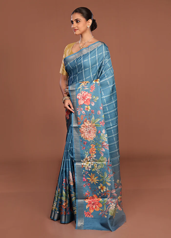 Blue Tussar Silk Saree With Blouse Piece - Image 4