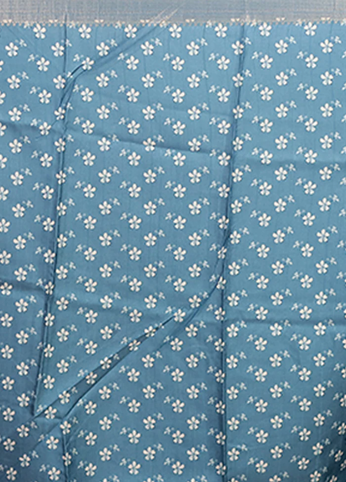 Blue Tussar Silk Saree With Blouse Piece - Image 5