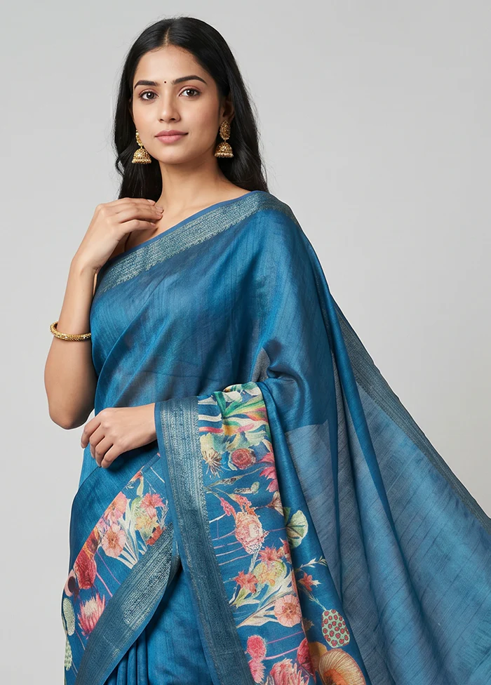 Blue Tussar Silk Saree With Blouse Piece - Image 2