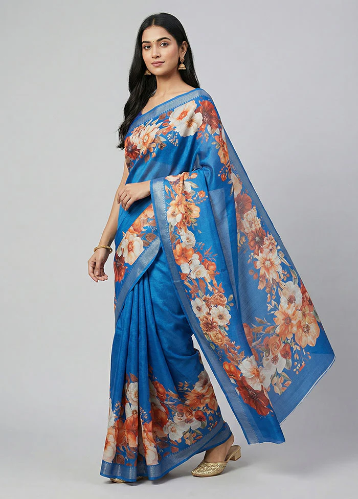 Blue Tussar Silk Saree With Blouse Piece