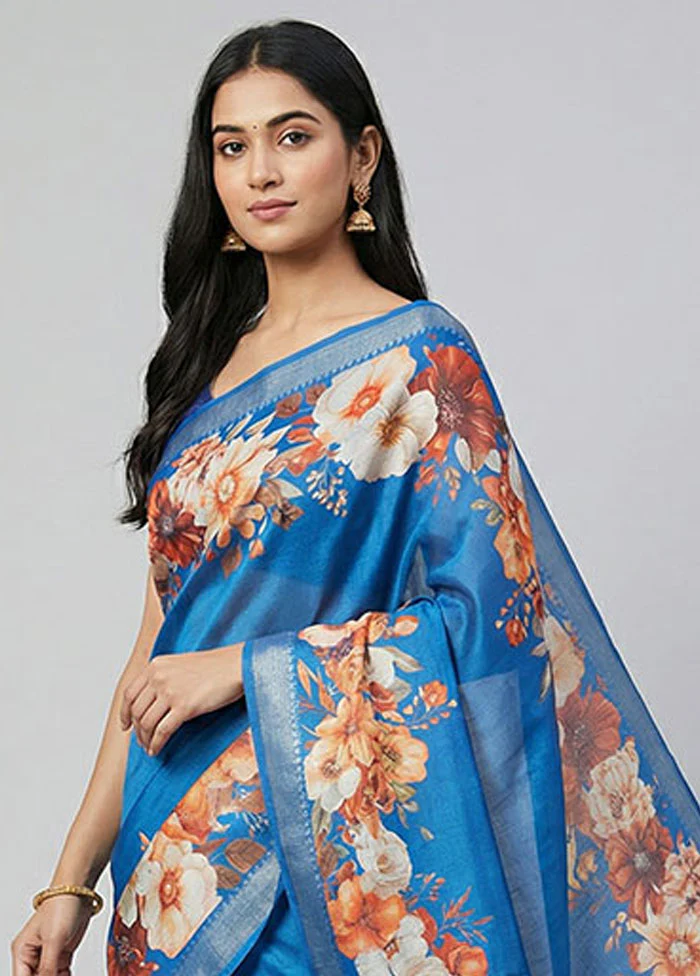Blue Tussar Silk Saree With Blouse Piece - Image 2