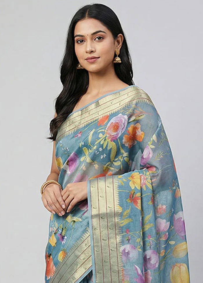 Blue Tussar Silk Saree With Blouse Piece - Image 2