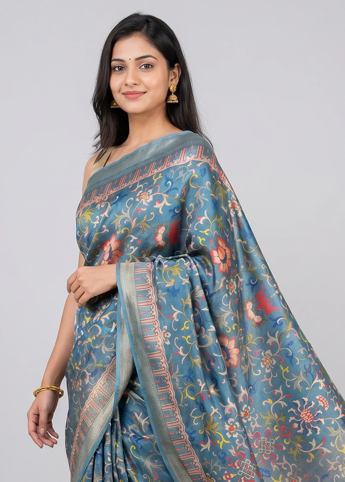 Blue Tussar Silk Saree With Blouse Piece - Image 2