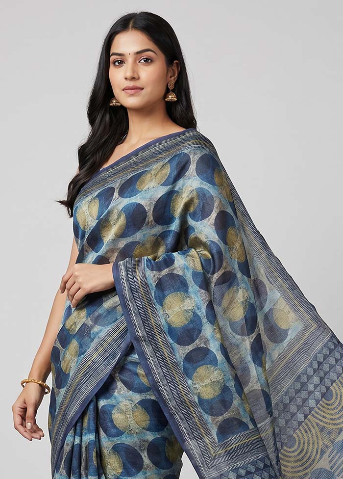 Blue Tussar Silk Saree With Blouse Piece - Image 2