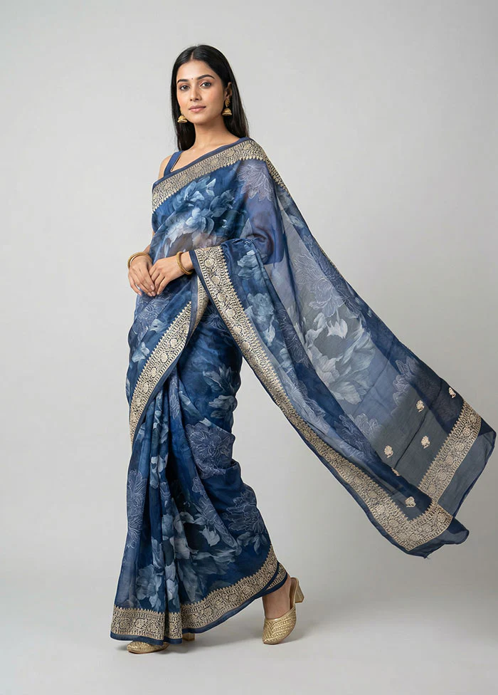 Blue Tussar Silk Saree With Blouse Piece