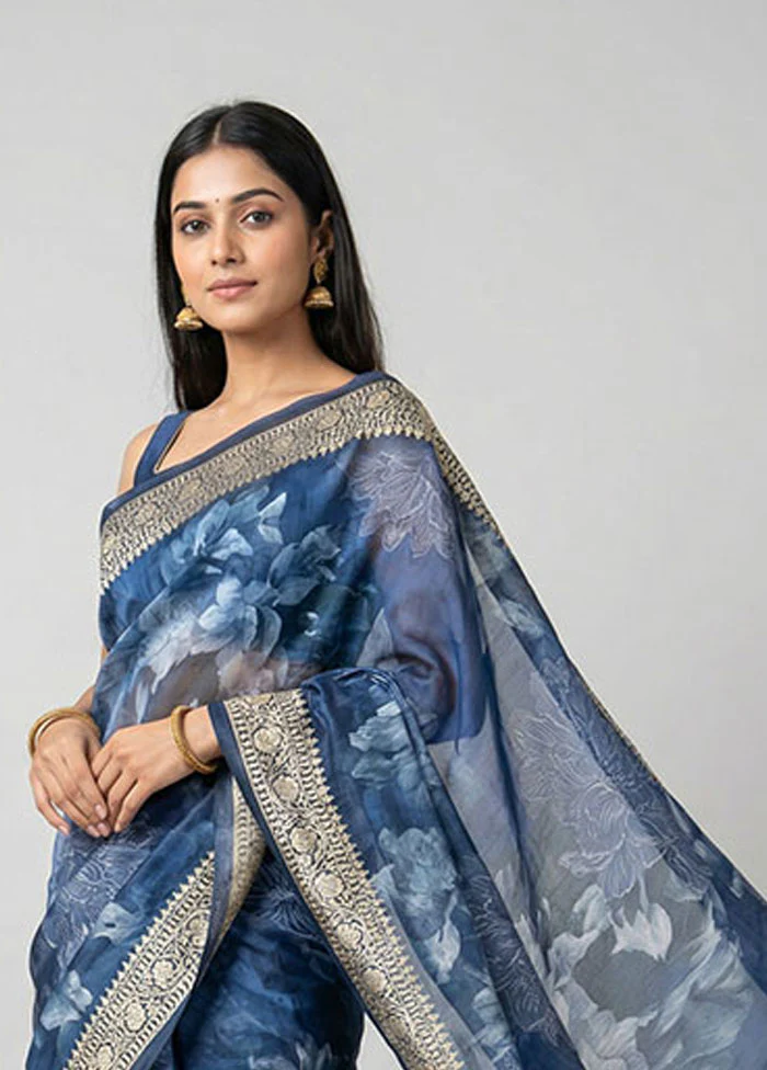 Blue Tussar Silk Saree With Blouse Piece - Image 2