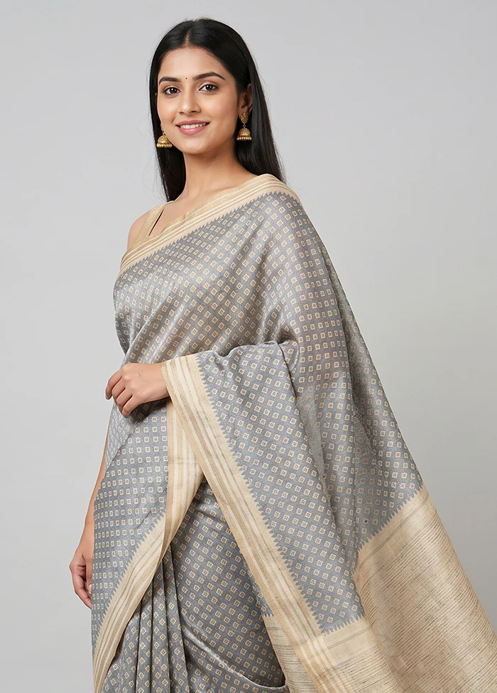 Blue Tussar Silk Saree With Blouse Piece - Image 2
