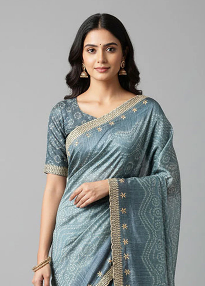 Blue Tussar Silk Saree With Blouse Piece - Image 2