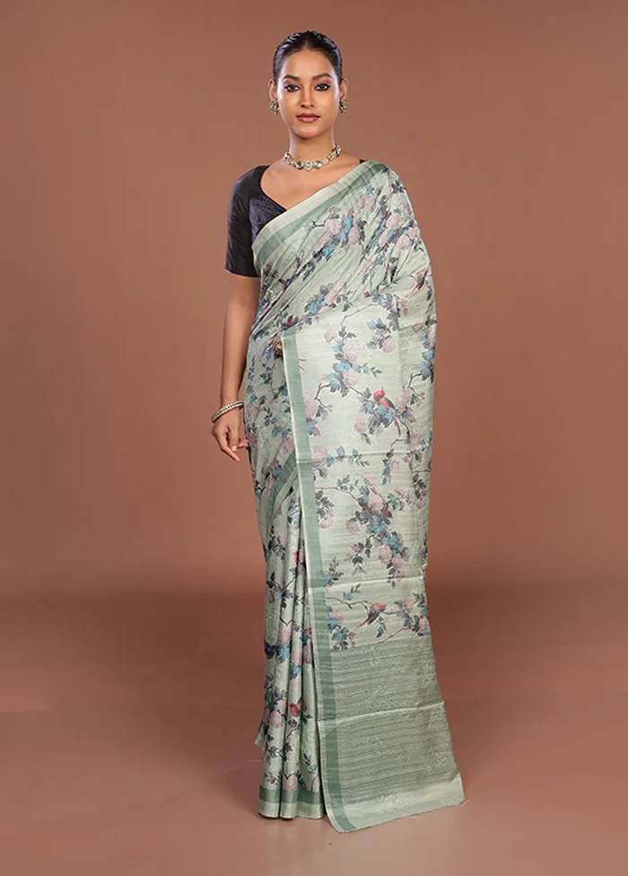 Blue Tussar Silk Saree With Blouse Piece - Image 2