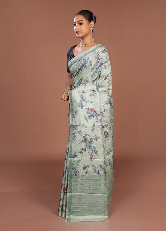 Blue Tussar Silk Saree With Blouse Piece - Image 4