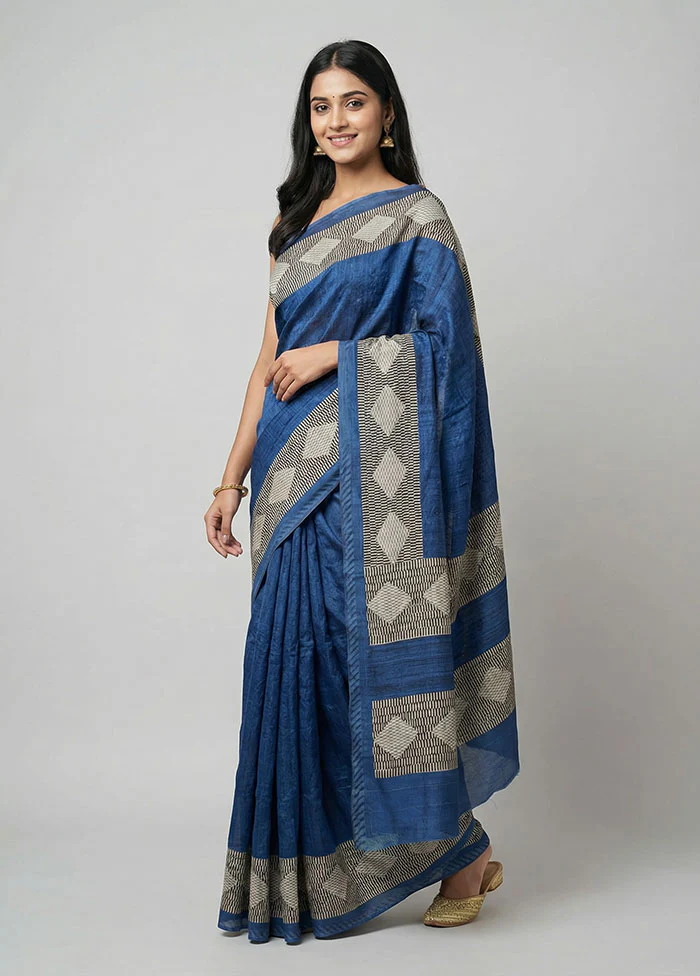 Blue Tussar Silk Saree With Blouse Piece