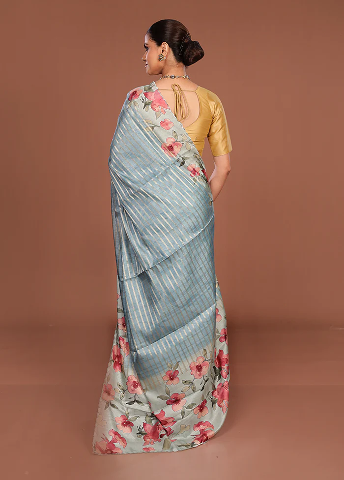 Blue Tussar Silk Saree With Blouse Piece - Image 3