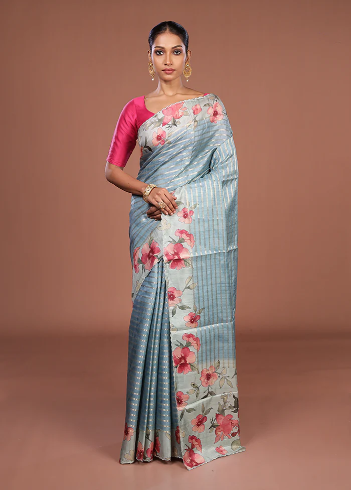 Blue Tussar Silk Saree With Blouse Piece - Image 2