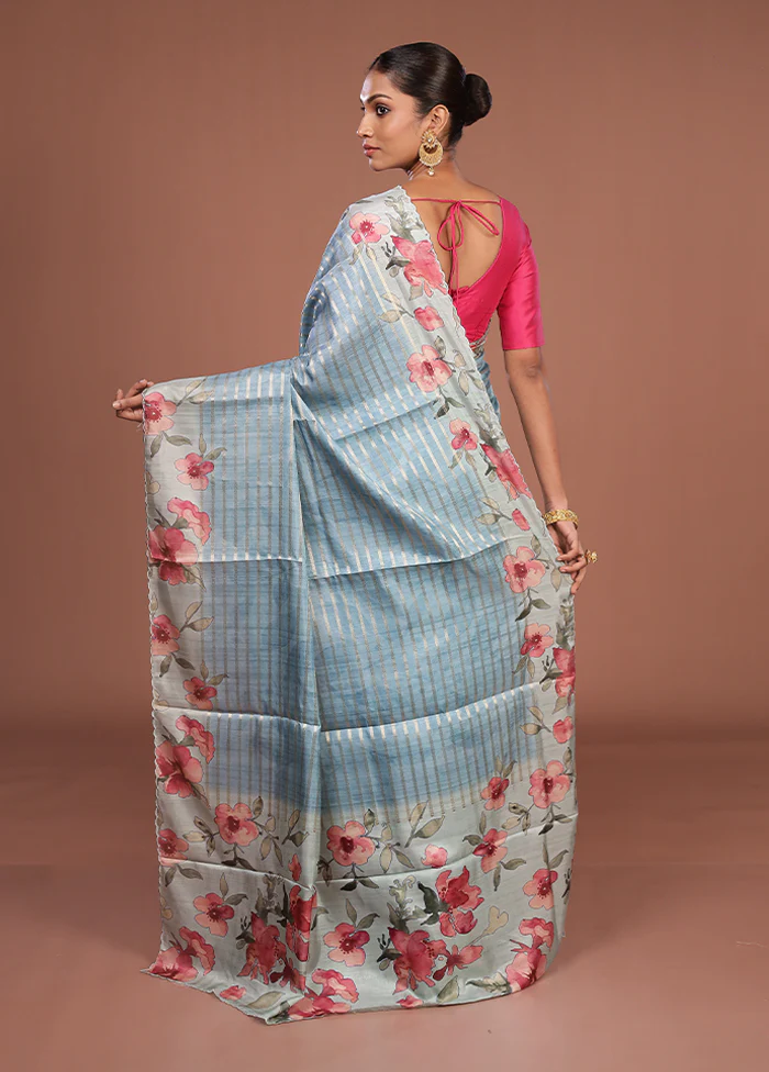 Blue Tussar Silk Saree With Blouse Piece - Image 3