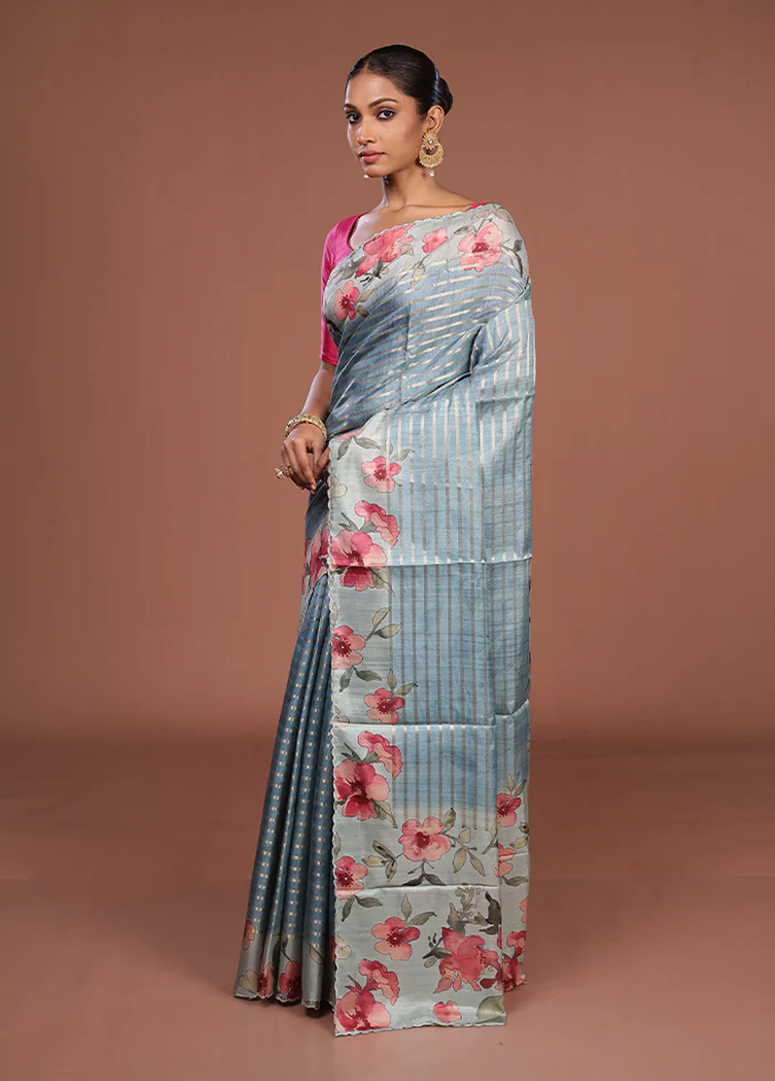Blue Tussar Silk Saree With Blouse Piece - Image 4