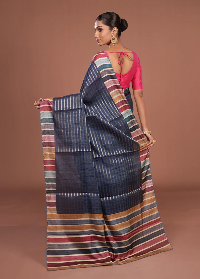 Blue Tussar Silk Saree With Blouse Piece - Image 2