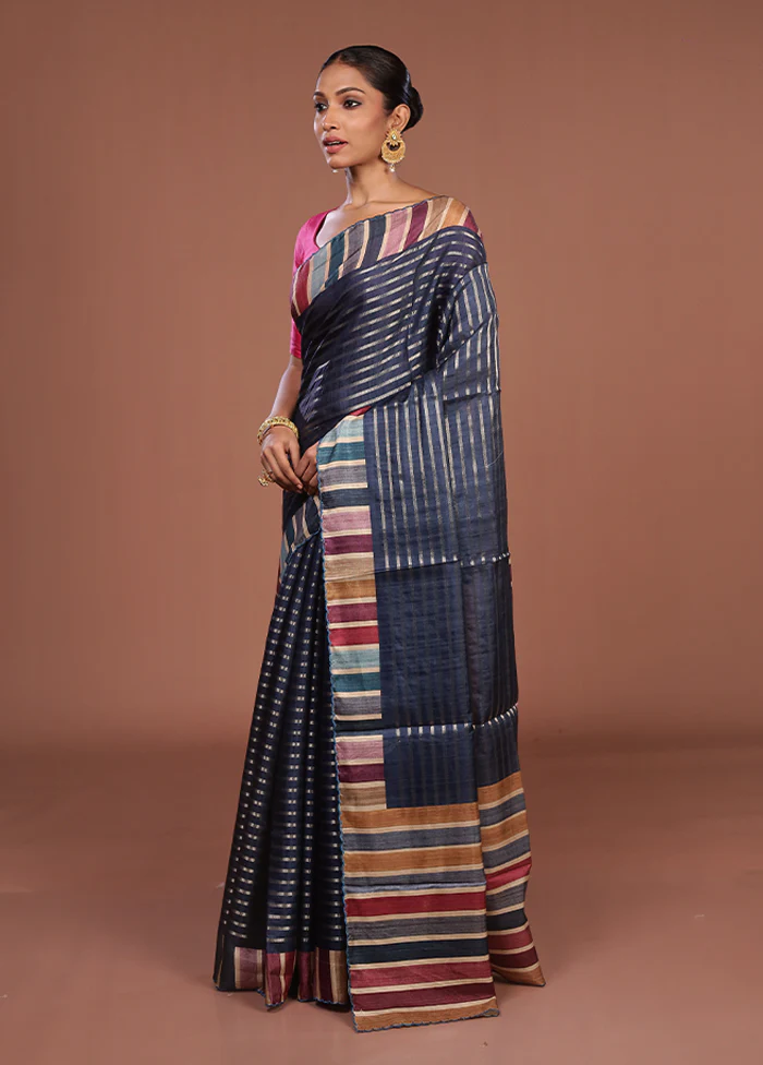 Blue Tussar Silk Saree With Blouse Piece - Image 3