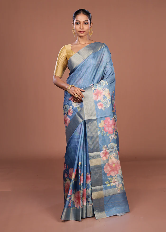 Blue Tussar Silk Saree With Blouse Piece - Image 2