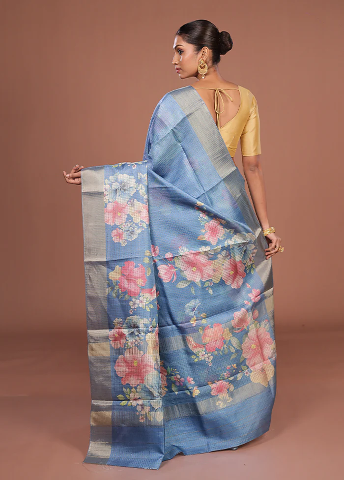 Blue Tussar Silk Saree With Blouse Piece - Image 3