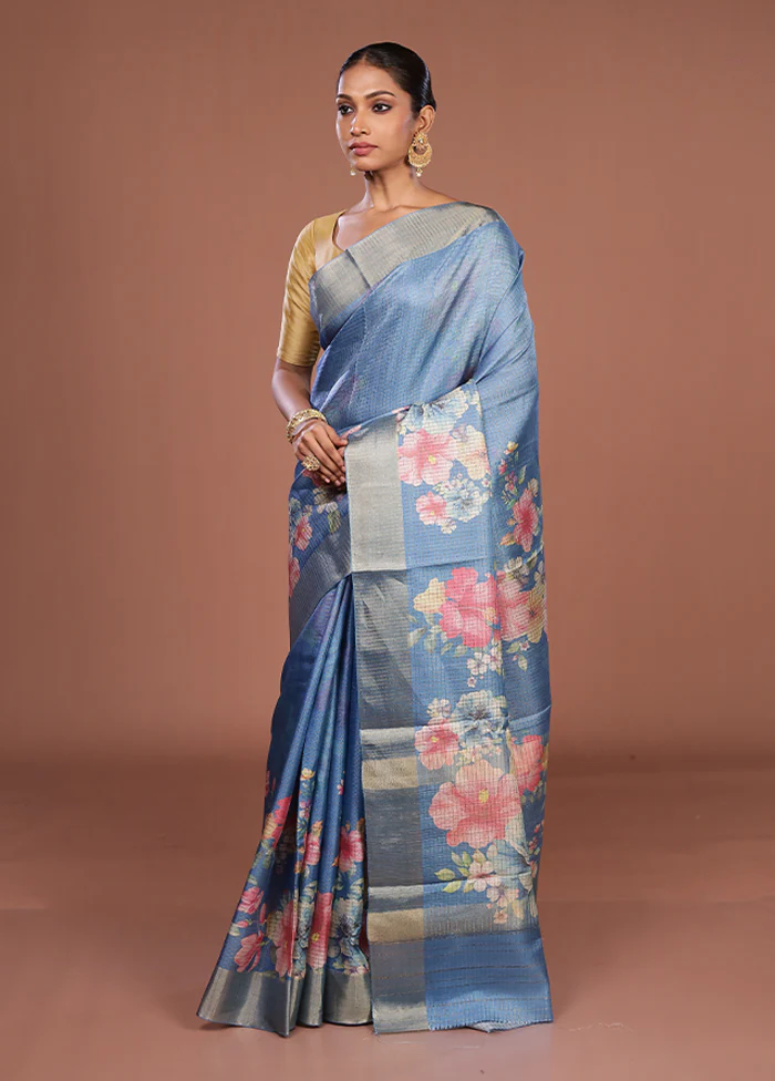Blue Tussar Silk Saree With Blouse Piece - Image 4
