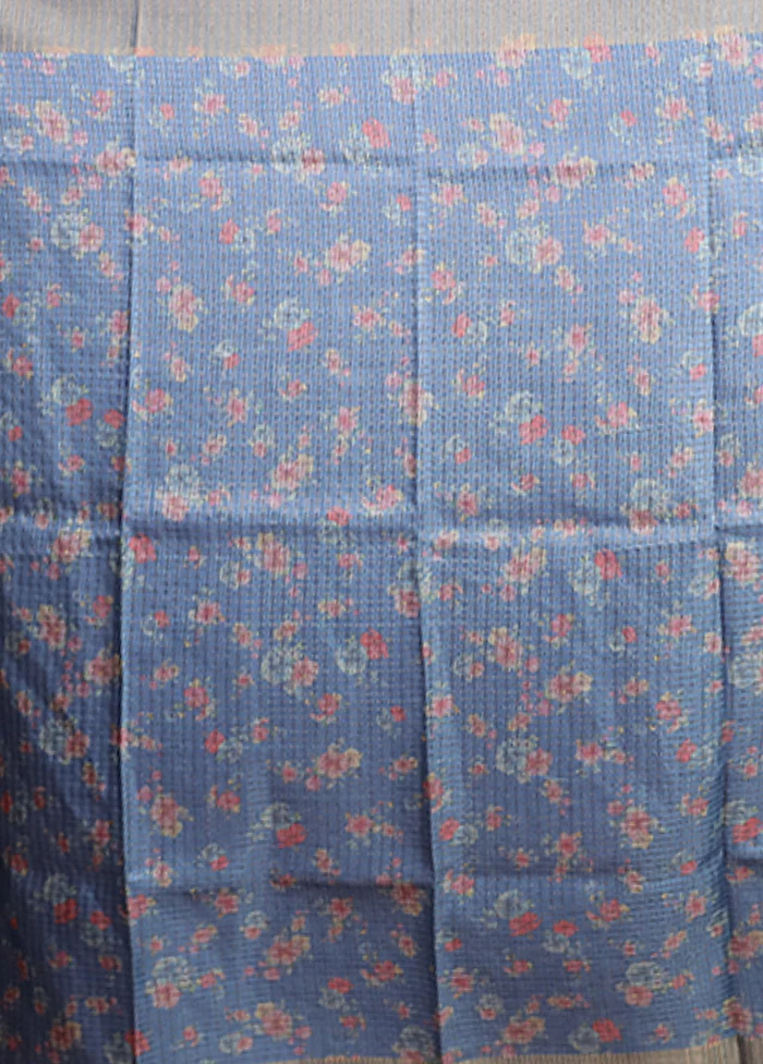 Blue Tussar Silk Saree With Blouse Piece - Image 5