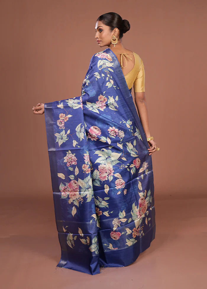 Blue Tussar Silk Saree With Blouse Piece - Image 3