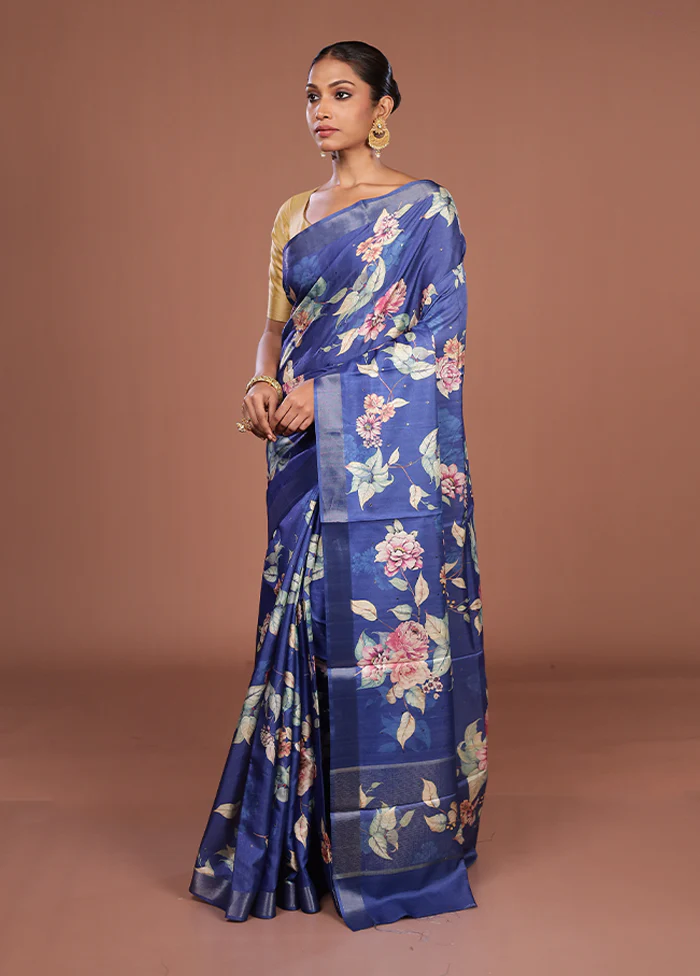 Blue Tussar Silk Saree With Blouse Piece - Image 4
