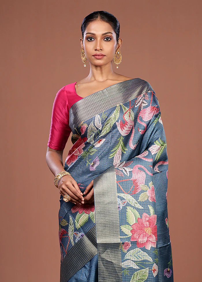 Blue Tussar Silk Saree With Blouse Piece
