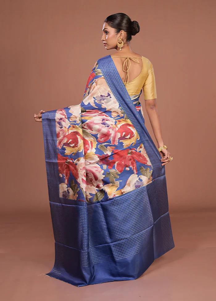 Blue Tussar Silk Saree With Blouse Piece - Image 3